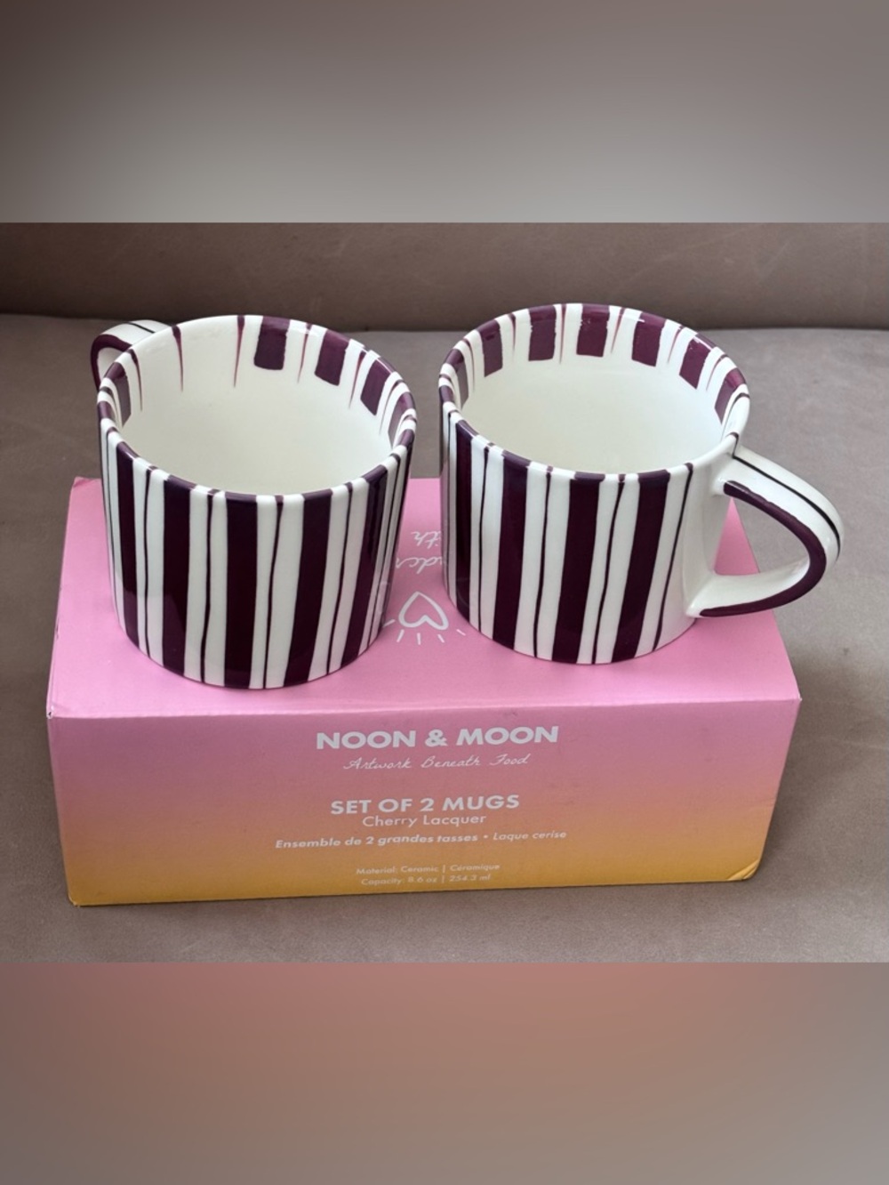 Noon & Moon Cherry Lacquer Stripe Mug Set of 2 NIB Modern Ceramic Cups